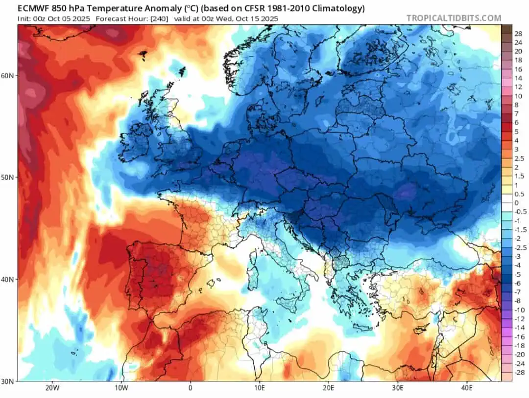 Anomalie termiche 850 hPa metร ottobre