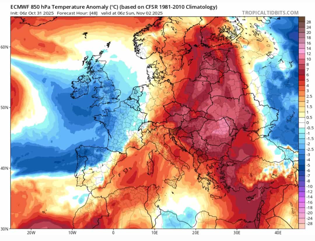 Anomalie termiche 850 hPa 2 novembre 