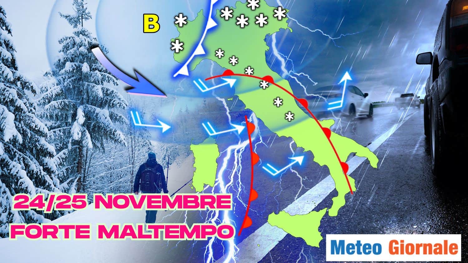 Inizio settimana tempestoso: forti venti, nubifragi e neve. I dettagli con mappa