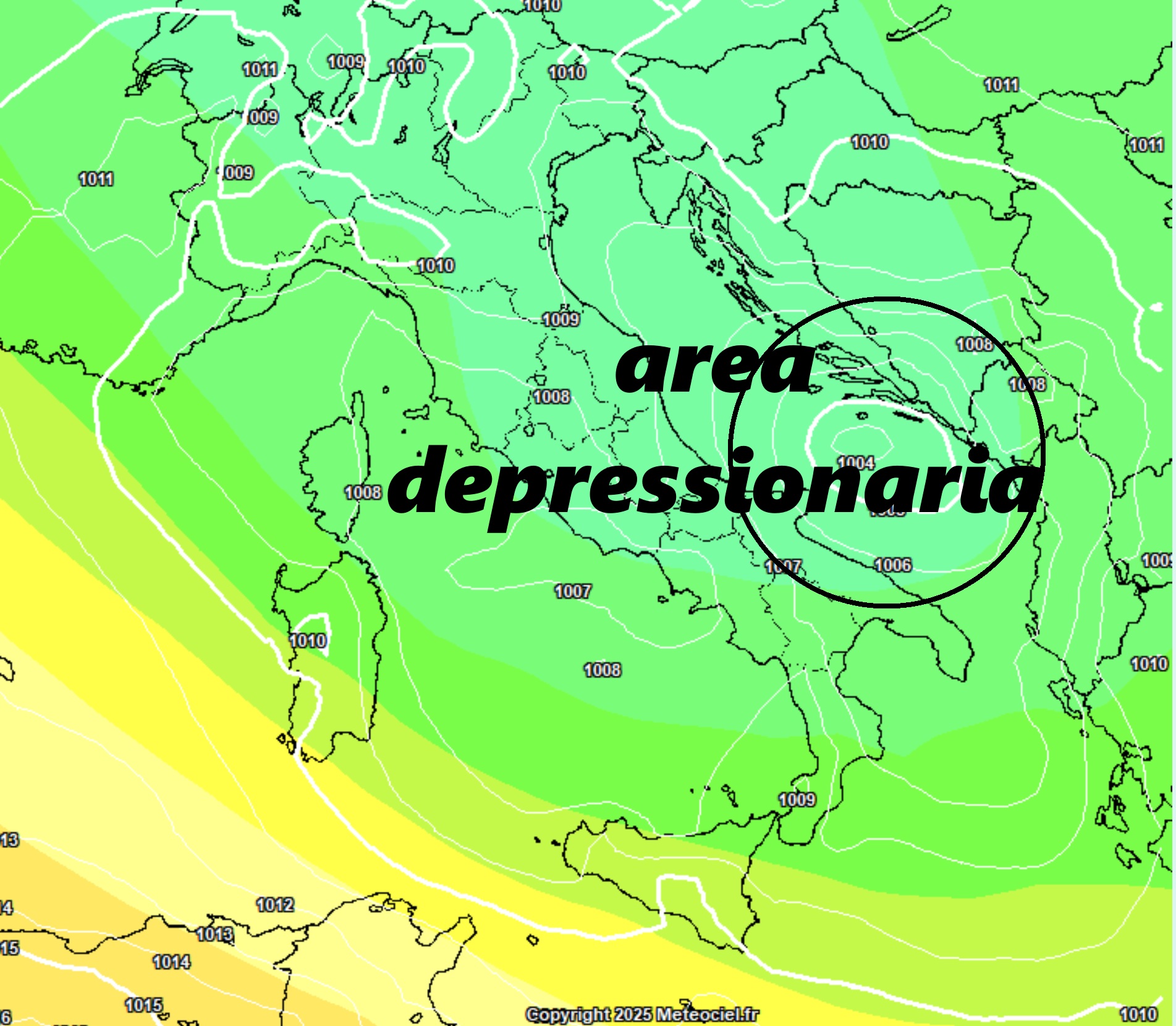 Importante fase di maltempo attorno all'Immacolata, nell'immagine Si può notare un minimo di bassa pressione sul mar Adriatico previsto la sera del 7 dicembre, la fonte è il sito meteociel