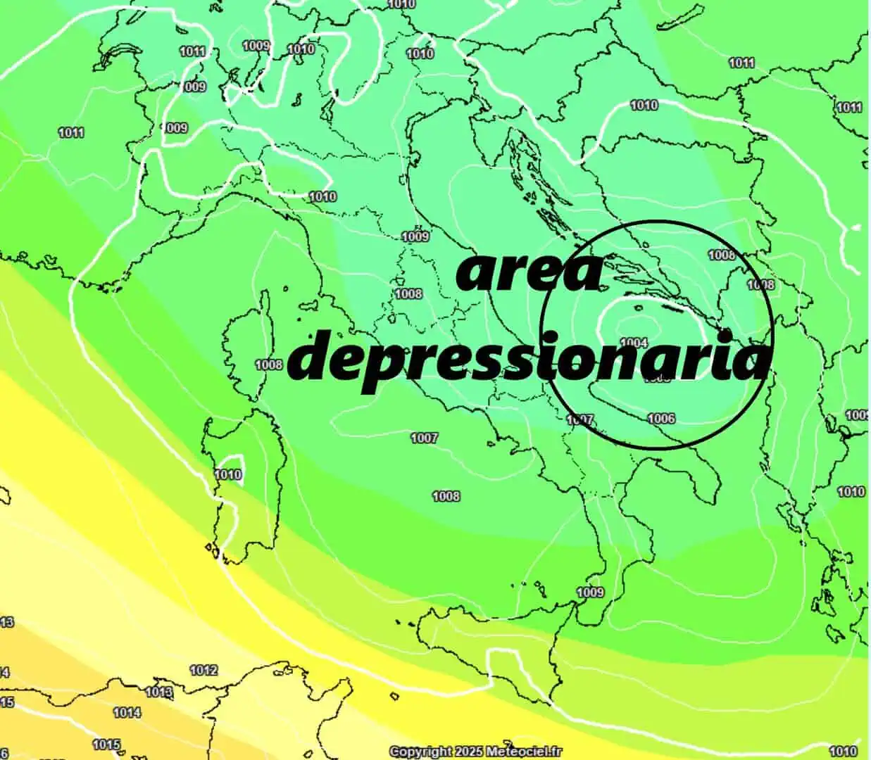 Importante fase di maltempo attorno all'Immacolata, nell'immagine Si puรฒ notare un minimo di bassa pressione sul mar Adriatico previsto la sera del 7 dicembre, la fonte รจ il sito meteociel