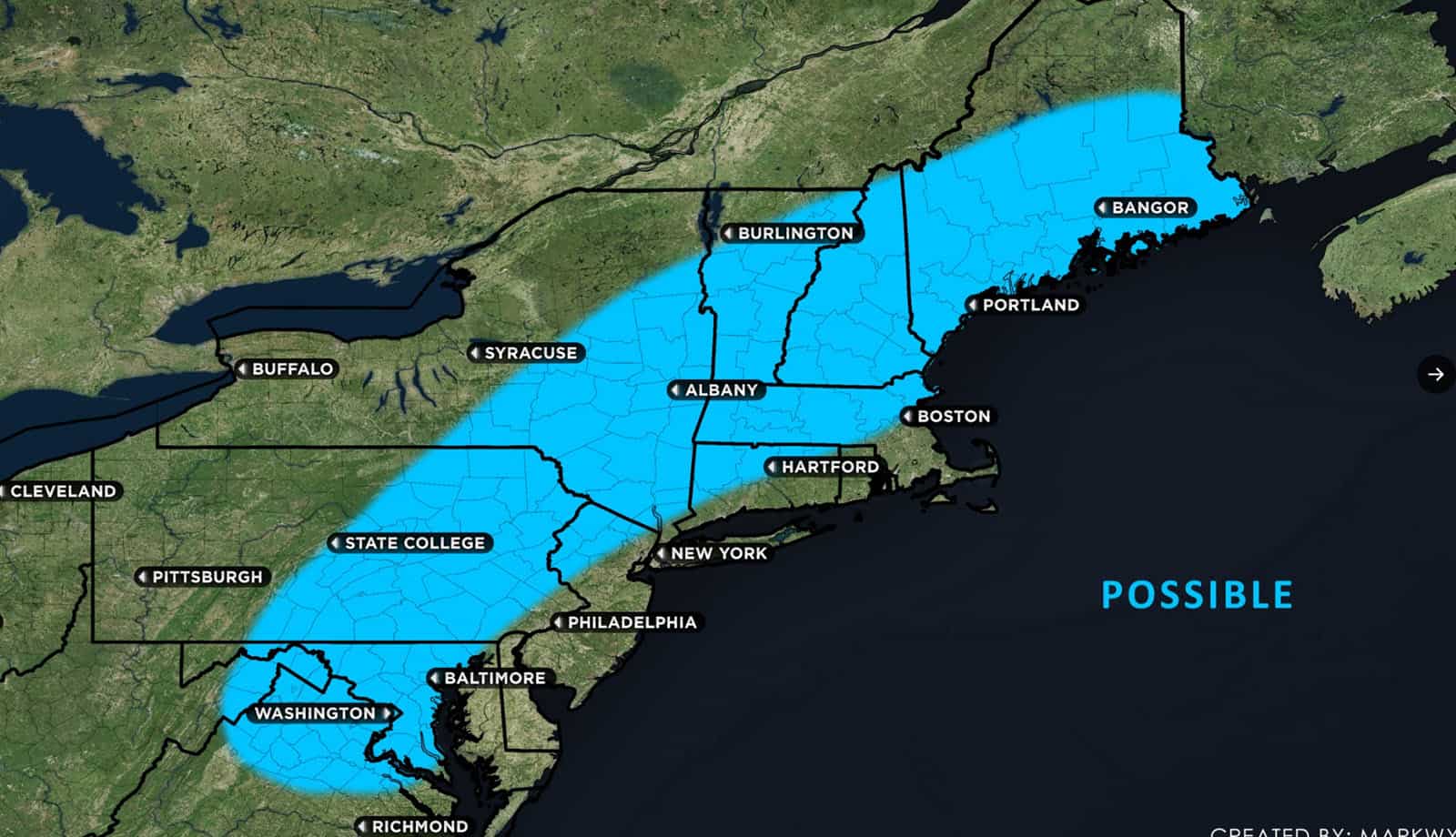 Nord Est USA: crescente rischio di tempesta invernale tra Martedì e Mercoledì