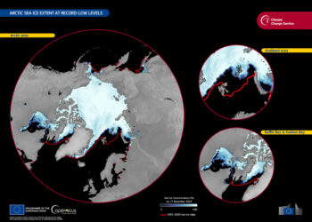 Banchisa polare con un defict che potere riscontrare nella linea rossa. Credit: European Union, Copernicus Sentinel-X