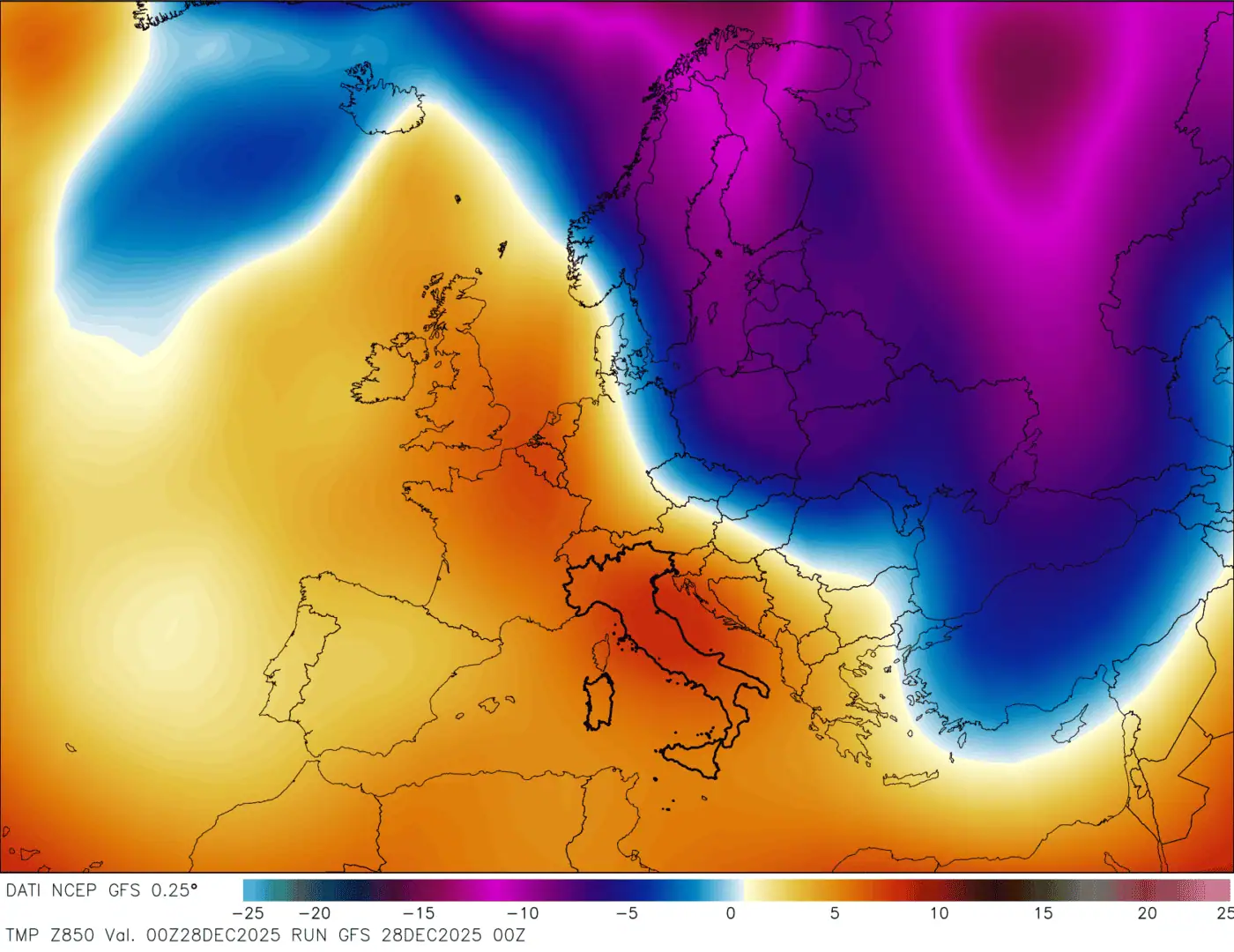 La situazione attuale a circa 1500 metri di quota in libera atmosfera mostra aria fredda nell'est d'Europa, come previsto questo giorni. Il freddo seguirà a breve.