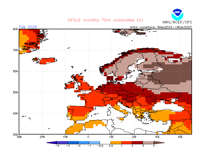 Anche per la seconda parte dell'inverno le tendenze meteo climatiche non sono affatto buone. Come si vede, potrebbe essere molto mite su quasi tutta l'Europa. C'è da notare però una debole possibilità di avere freddo anche in Italia.