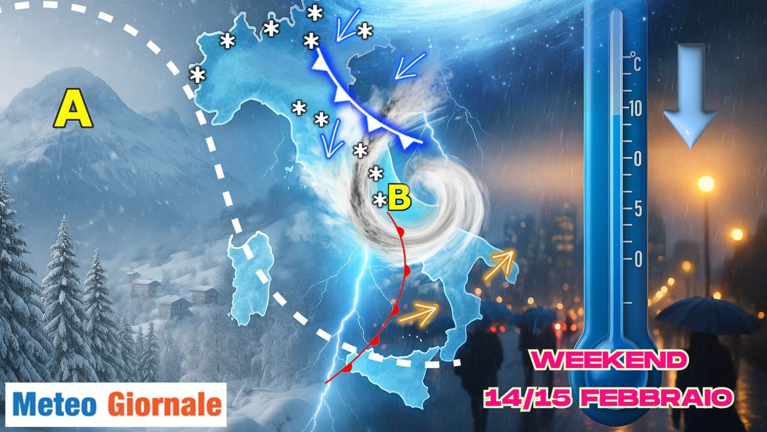 Weekend 14/15 febbraio: maltempo e anche innesto più freddo con fiocchi collinari. I dettagli