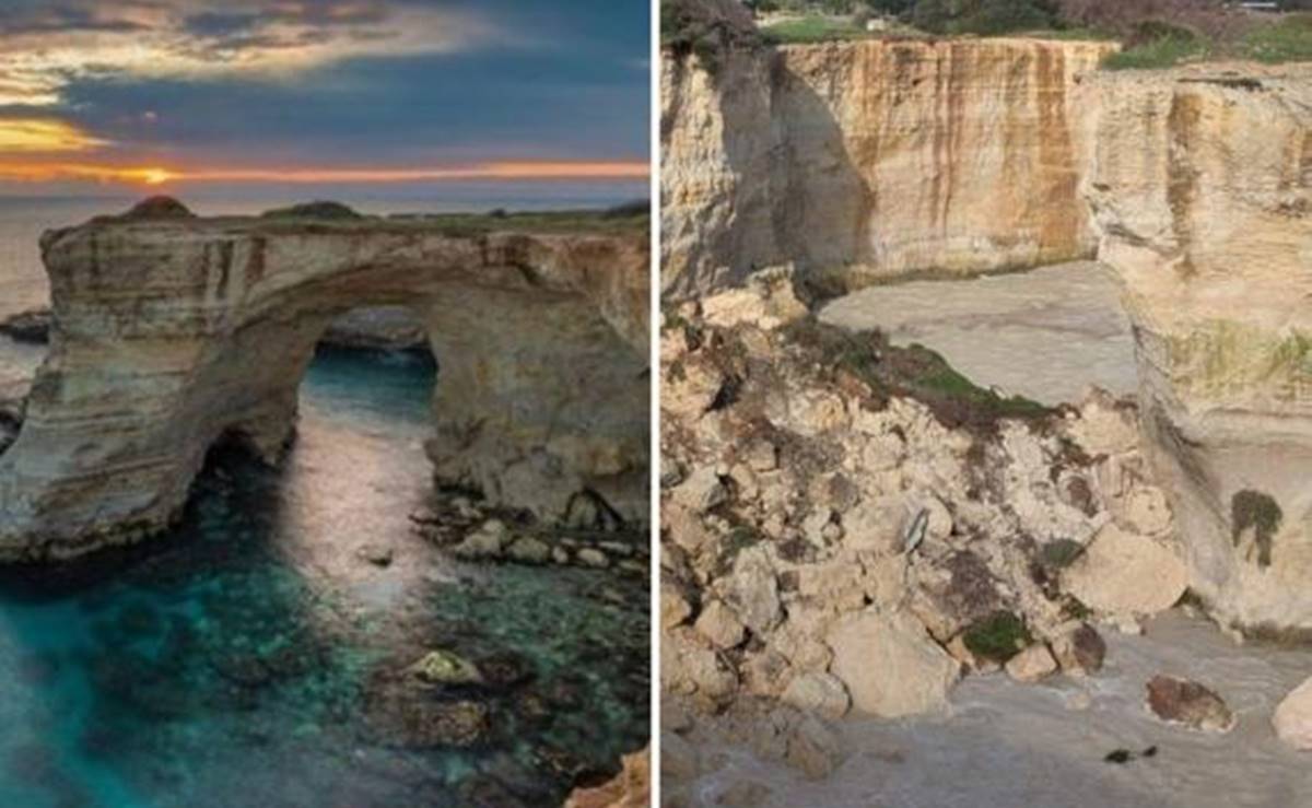 Maltempo , crolla larco dei Faraglioni in Salento . Larco degli innamorati non c è più