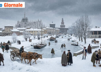 PEG: persone in abiti dell'epoca si riuniscono su un fiume innevato e ghiacciato in una città con edifici antichi e cattedrali sullo sfondo; alcuni pattinano, altri camminano, guidano carretti o si riscaldano accanto ai fuochi. Una foto immaginaria di Milano, del '700.