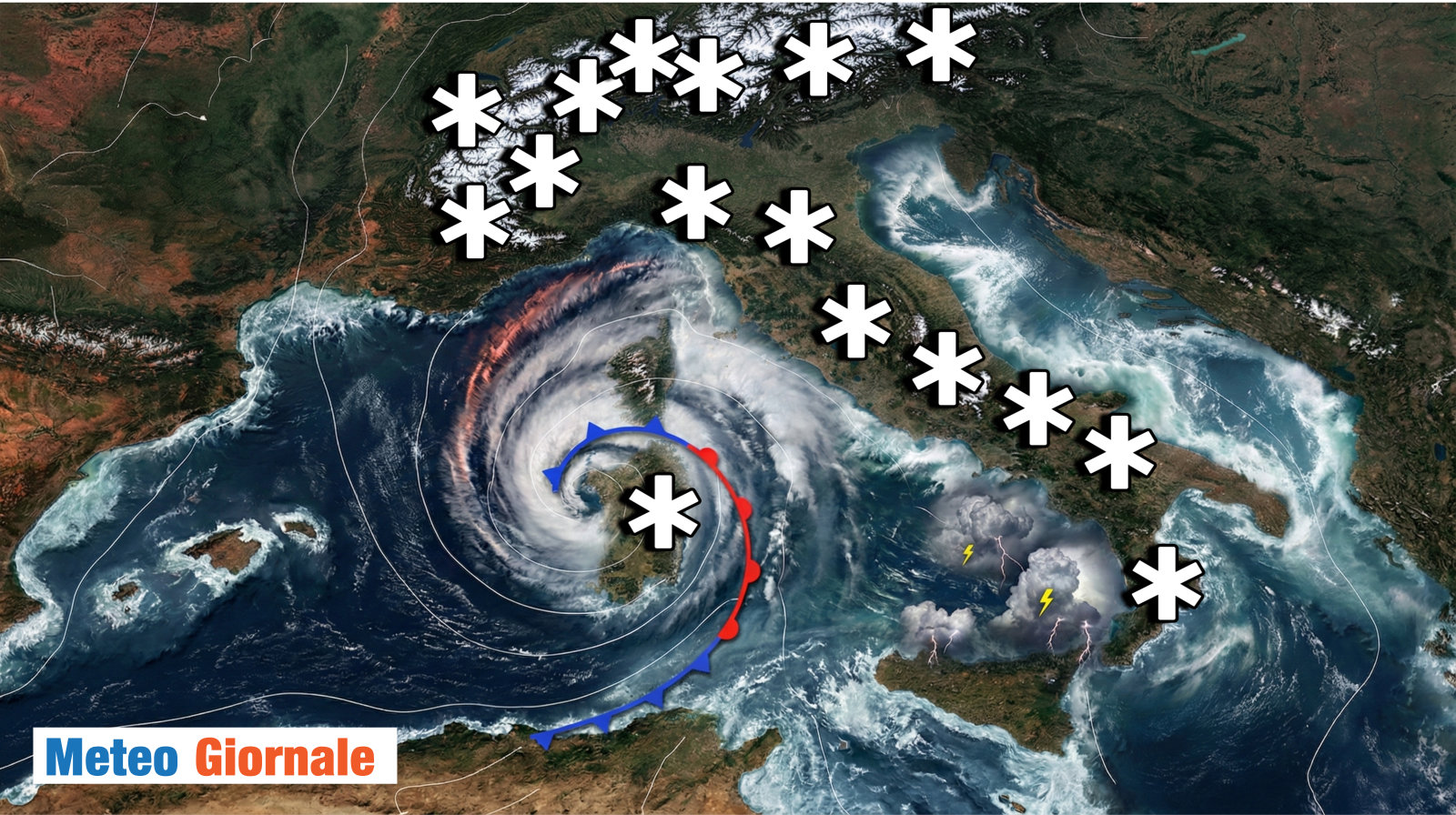 Meteo tempestoso in Italia. Ciclone dalla Sardegna verso mezza Italia, poi crollo temperatura, nevicate.