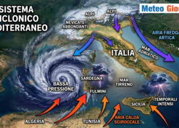 Ciclone mediterraneo verso Italia con maltempo