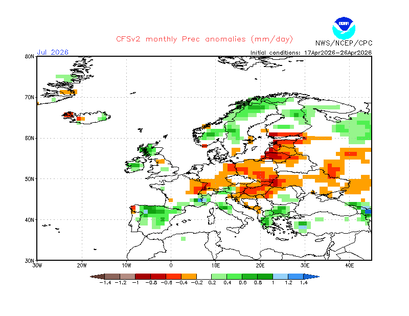 Anomalie di piogge secondo il modello CFSV2 per giugno e luglio. Come si può notare, non dovrebbero essere affatto mesi troppo secchi, ma la distribuzione delle piogge potrebbe essere molto irregolare.