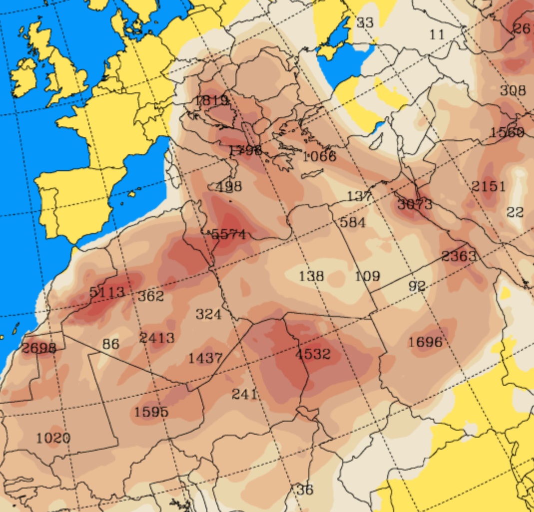 Elevata presenza di sabbia e polvere sahariana nei cieli. Mentre al settentrione cadrà pioggia sporca, al meridione il cielo risulterà a tratti opaco e lattiginoso.