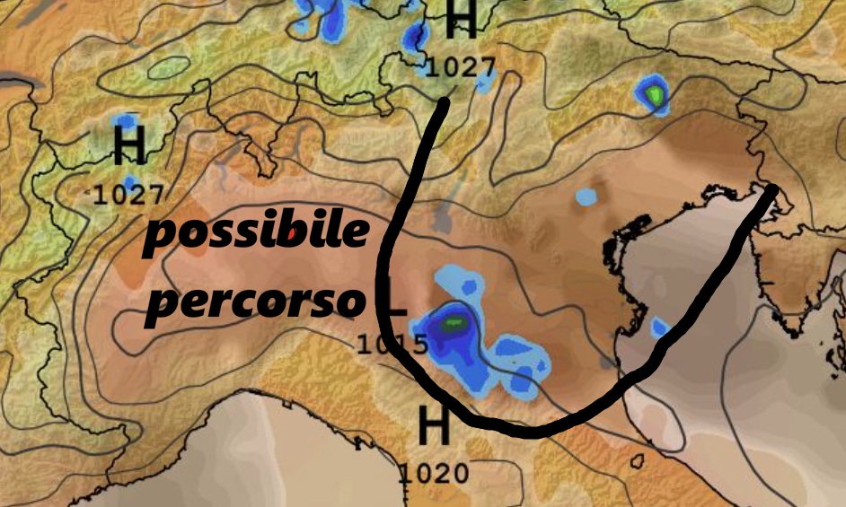 Possibile percorso di alcuni temporali tra Triveneto ed Emilia Romagna questa sera.