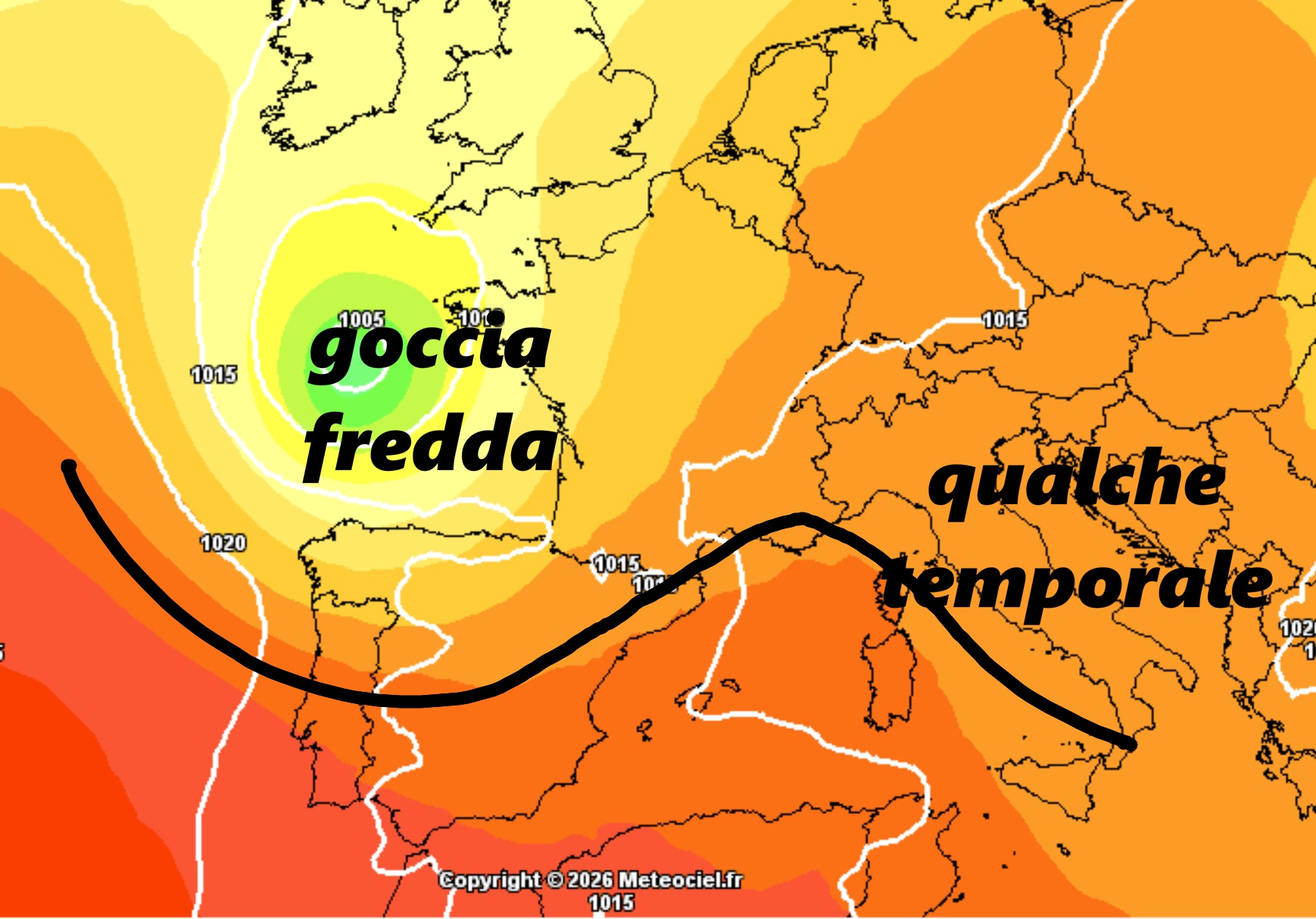 Il modello GFS vede un lento declino proprio sul finire di maggio e un modesto indebolimento nei primi di giugno. Non si tratterebbero di perturbazioni organizzate, ma di qualche temporale sparso tra settentrione e adriatiche e di qualche grado in meno, soprattutto nei valori massimi.