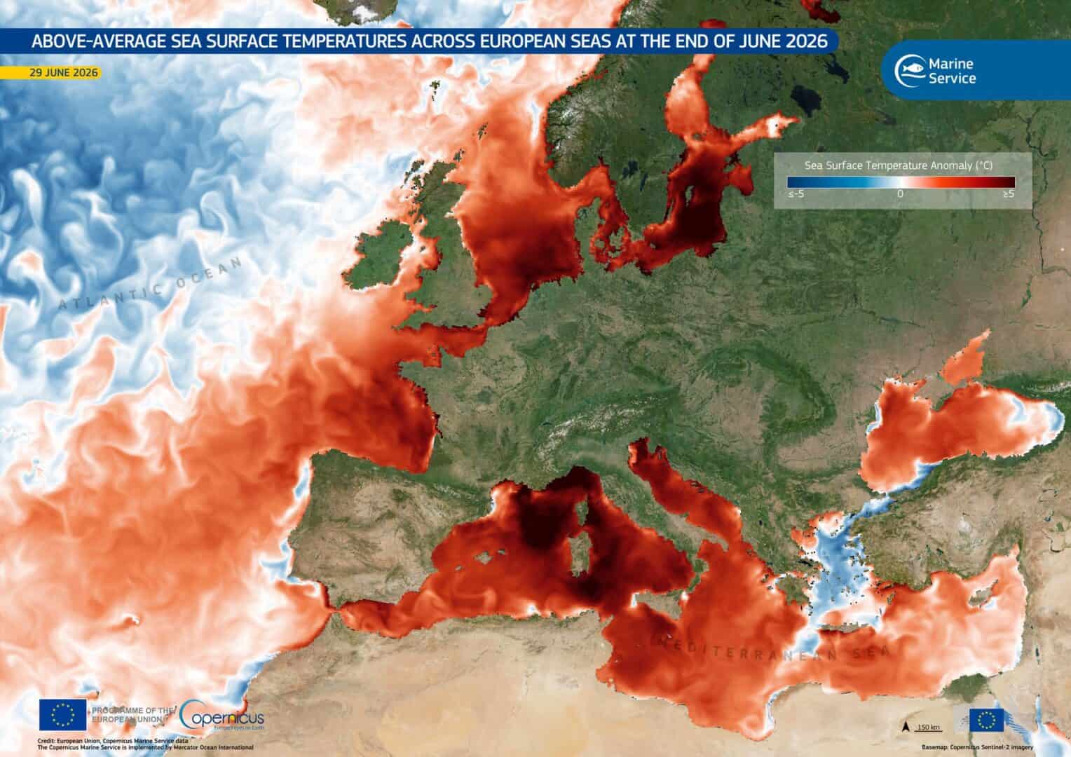 La mappa di Copernicus che illustra una grave onda di calore marino.