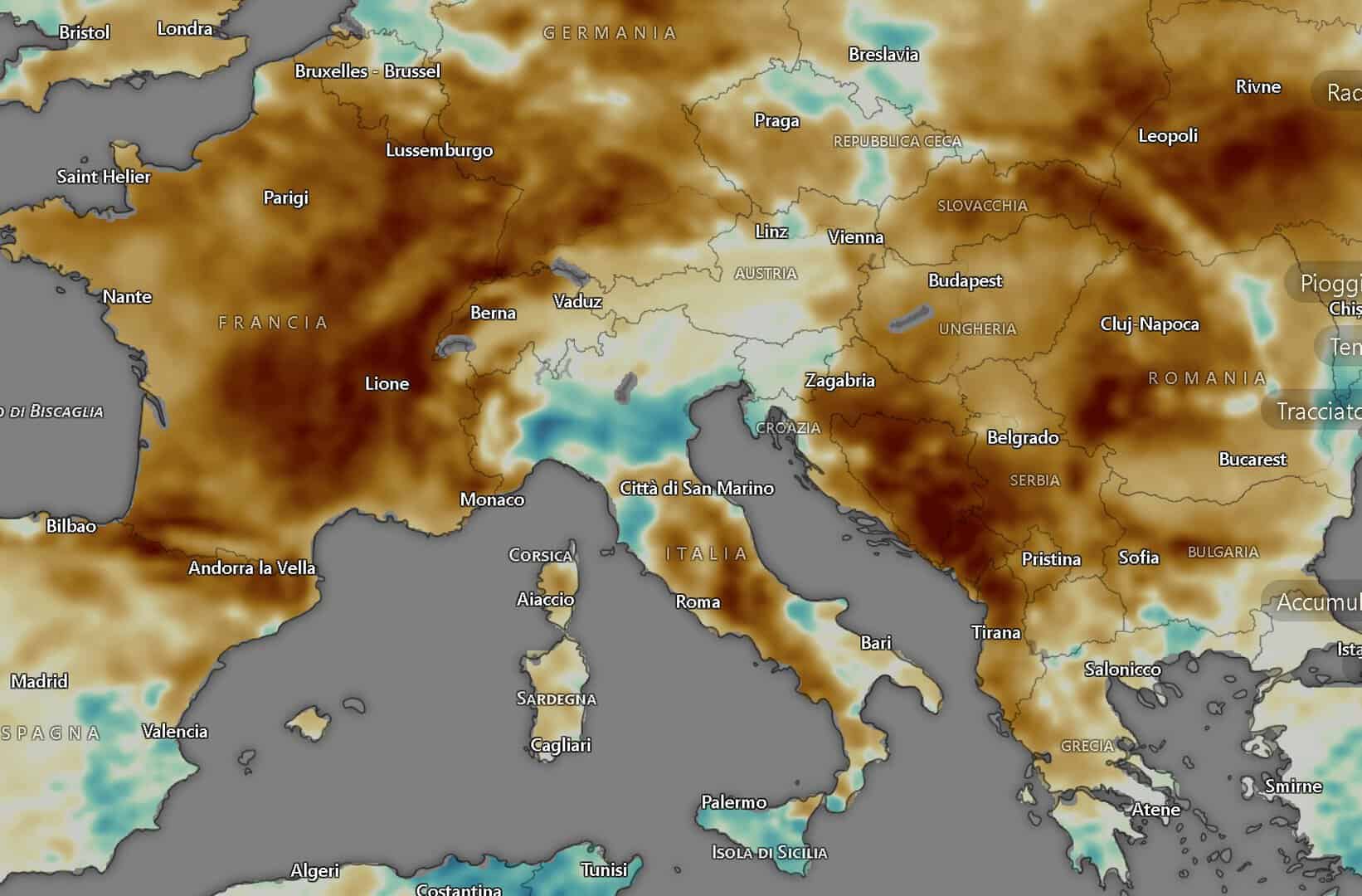 Mappa delle anomalie dell'umidità dei suoli rispetto al periodo: si notano ampie zone in forte anomalia (fonte: WINDY)