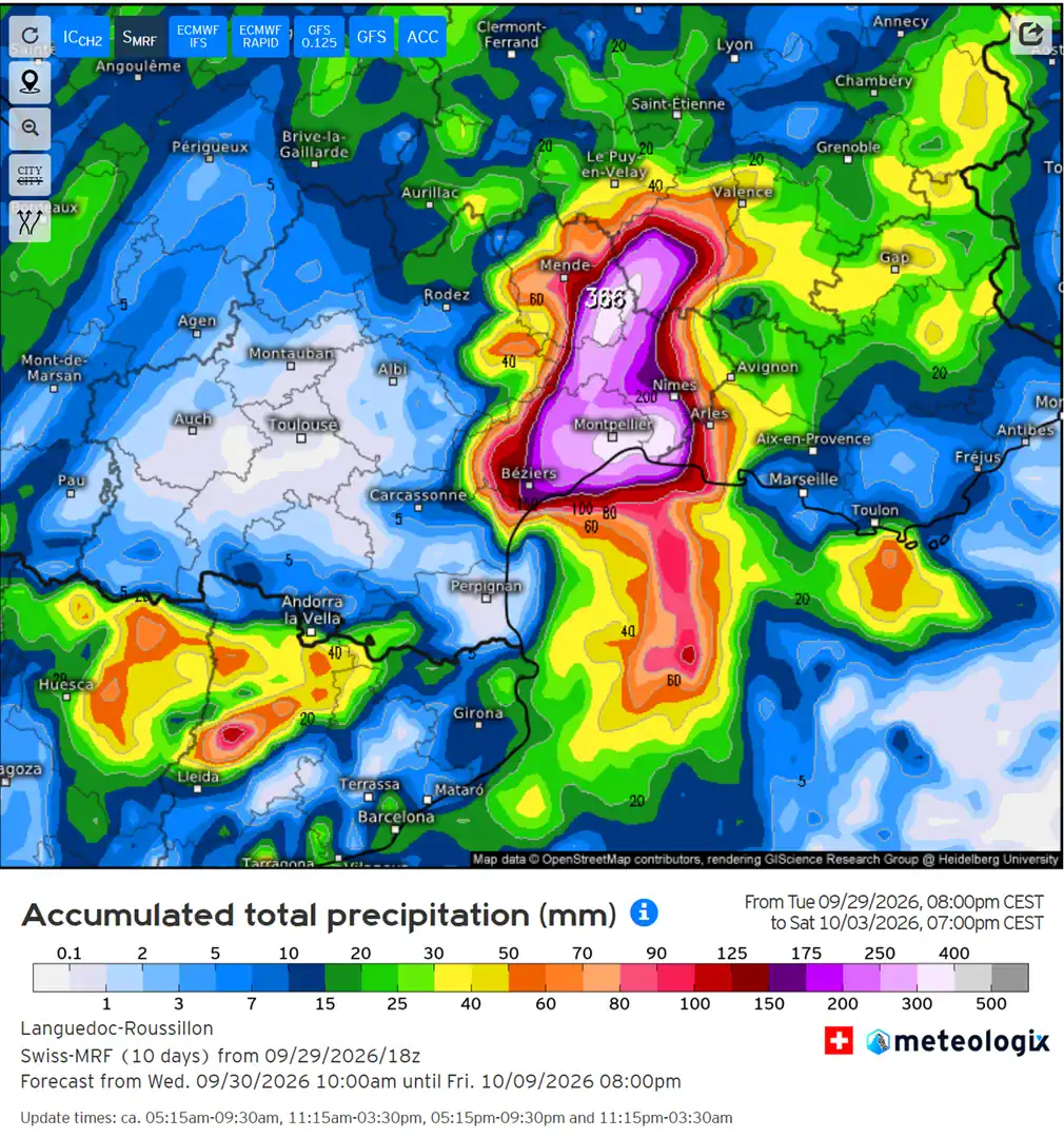 piogge previste nel sud francia