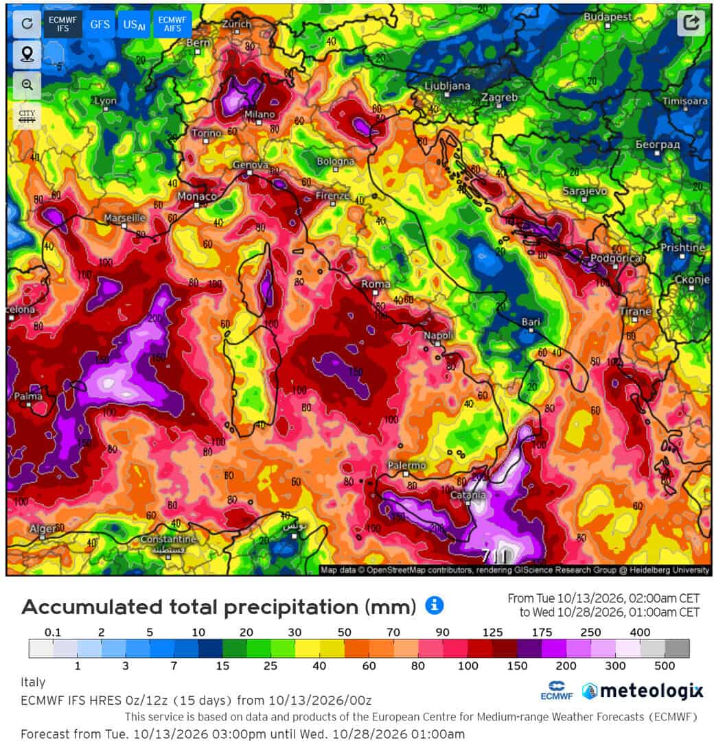 Breve ottobrata breve, irrompono aria fredda e maltempo: l'Autunno 2 ECMWF le piogge previste nei prossimi 15 giorni