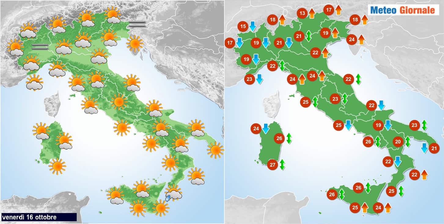 Meteo oggi 16 ottobre: nebbie in Pianura Padana al mattino, rovesci isolati al Sud 1 Previsioni meteo per oggi 16 Ottobre 2026