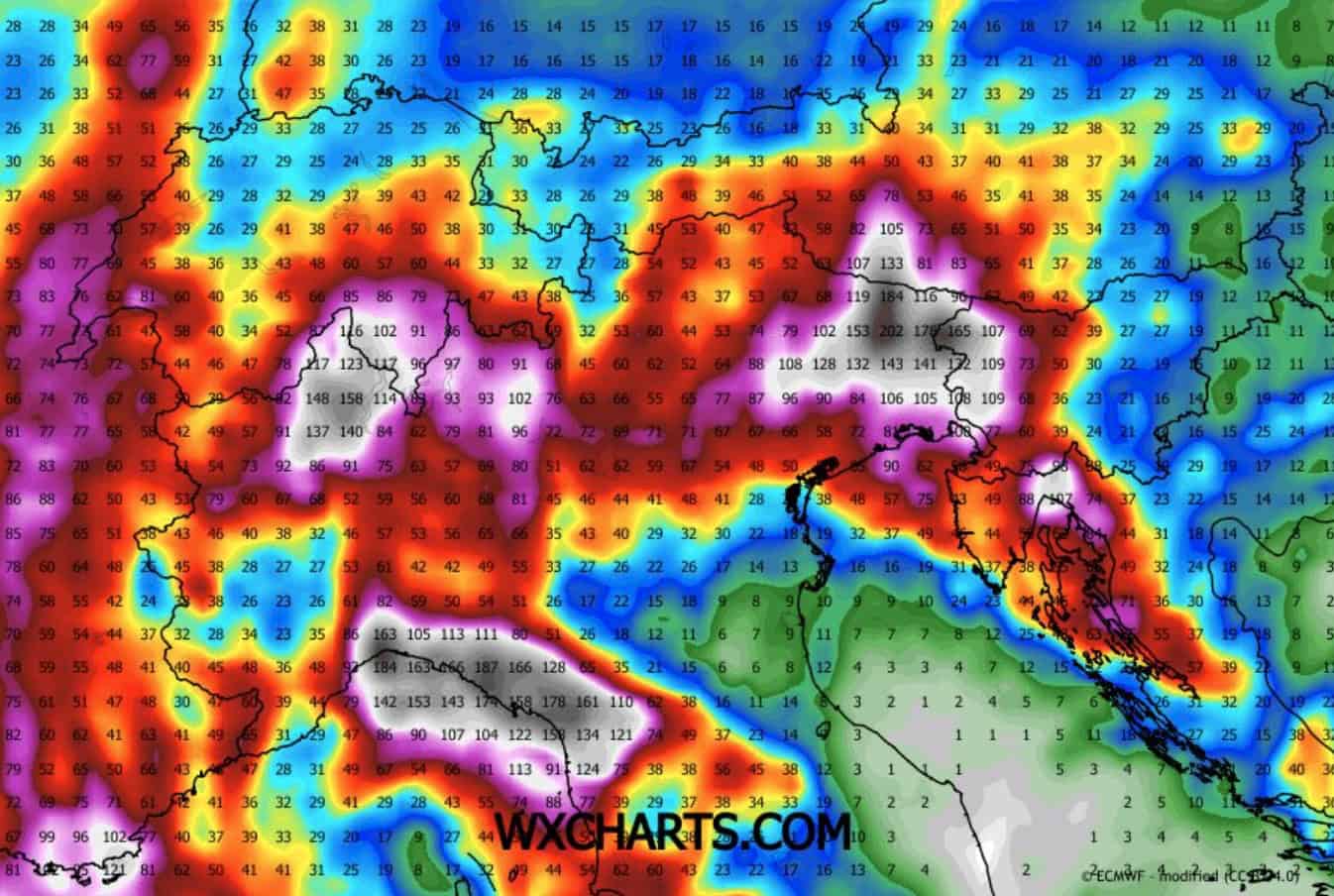 Fino a 200 mm in 48 ore: l'esperto individua le zone più a rischio, mappe 4 alpi