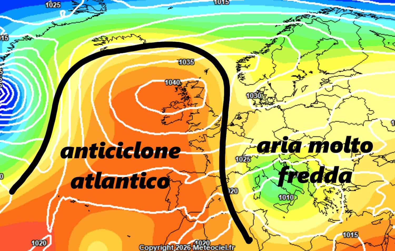 Flusso atlantico: ancora uno stop per giorni, l'esperto ci spiega le conseguenze sull'Italia 2 Si nota la bilobaizone tra la mitezza sull'ovest del continente e la discesa fredda dalle alte latitudini verso l'Italia