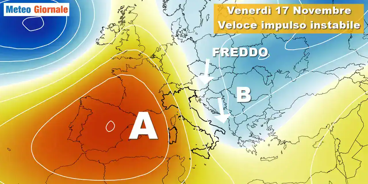 Previsioni meteo: prima incursione fredda radiata a occidente da Alta Pressione